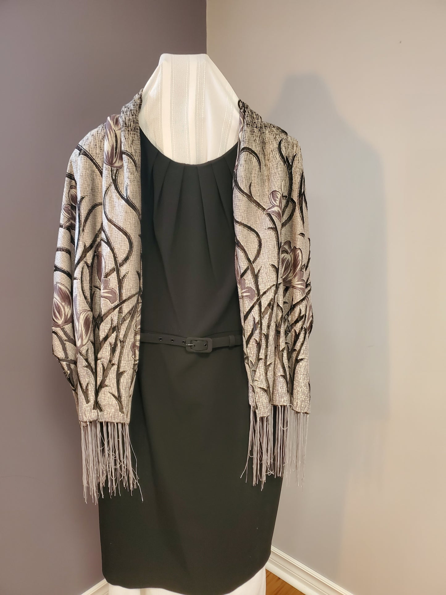 Fringed Shawl with Metallic Threading and 9 & Co Black Cocktail Dress Size 14