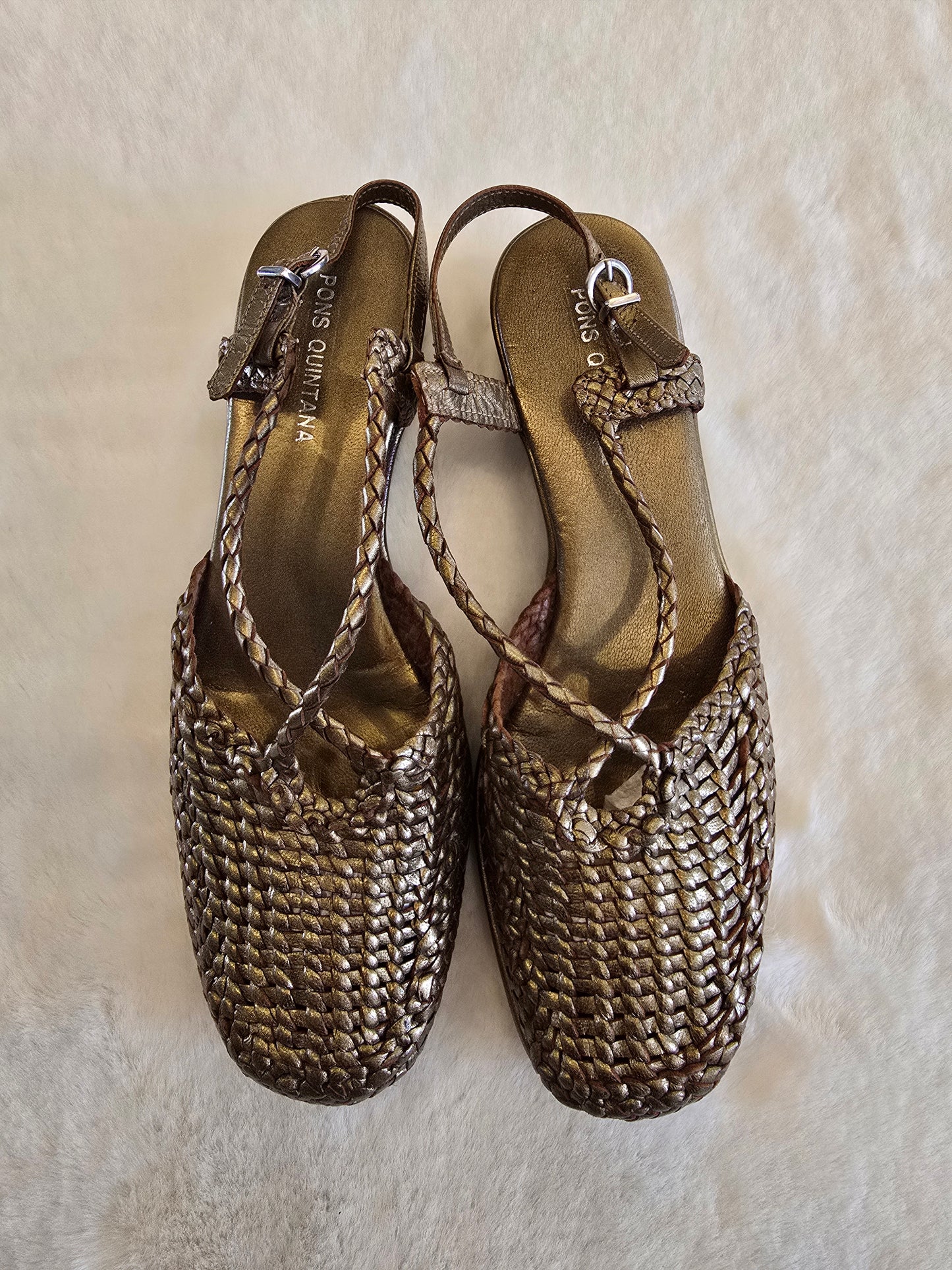 Pons Quintana Metallic Gold Closed Toe Sling Back Sandal Size 37