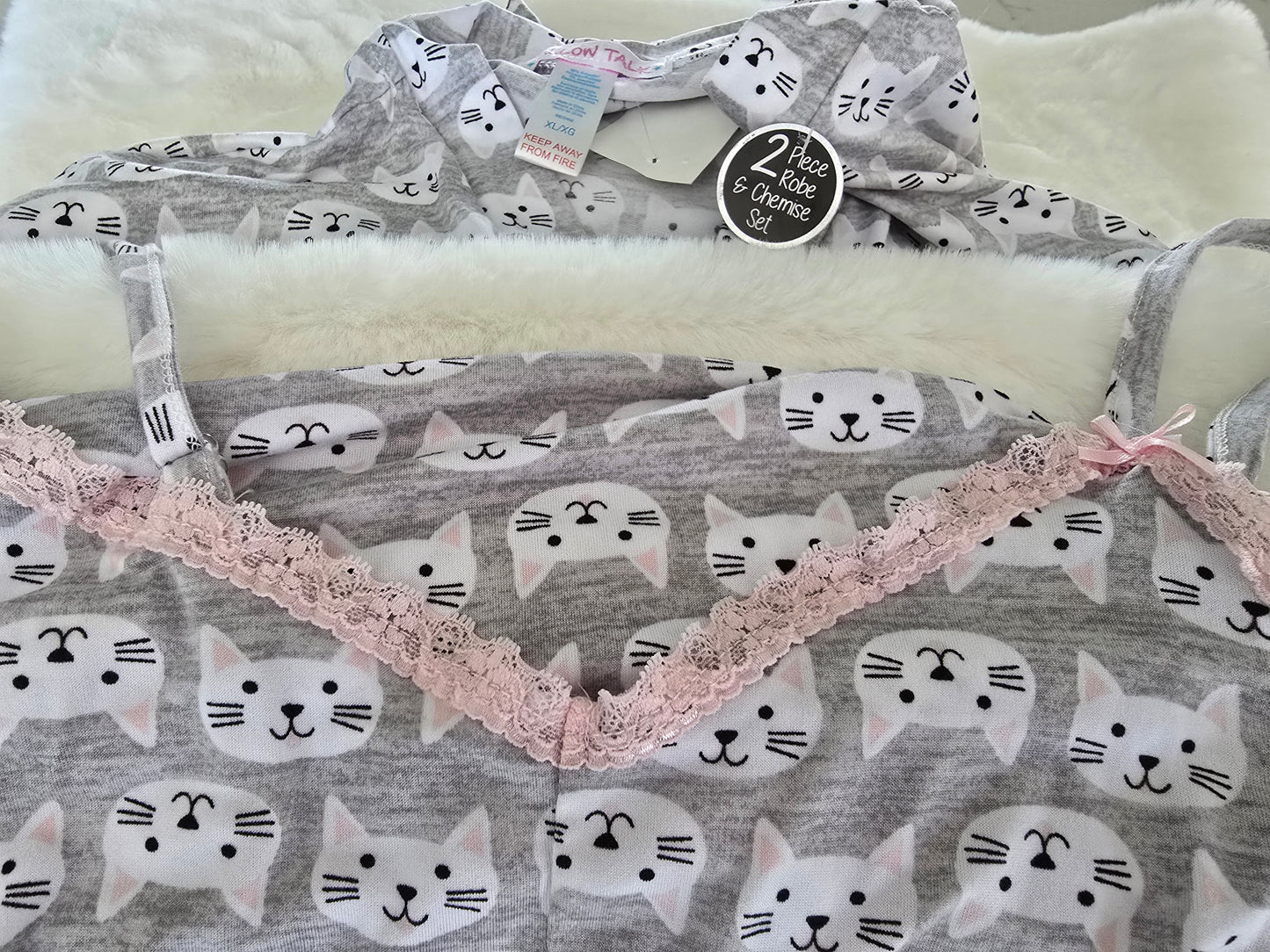 Pillow Talk Cat Theme 2 Piece Nightgown and Robe XL New With Tags