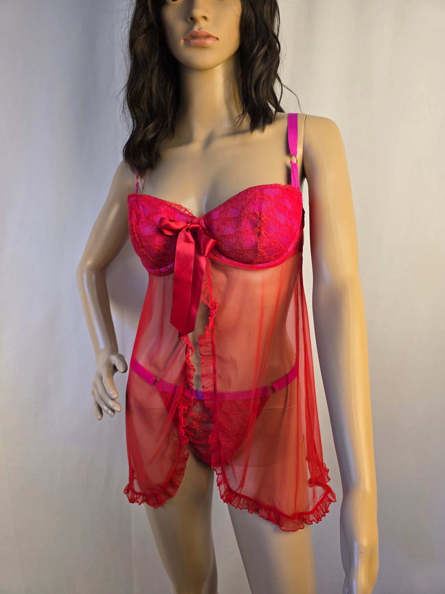 Love by La Senza Red and Pink Babydoll and Thong Large Preloved