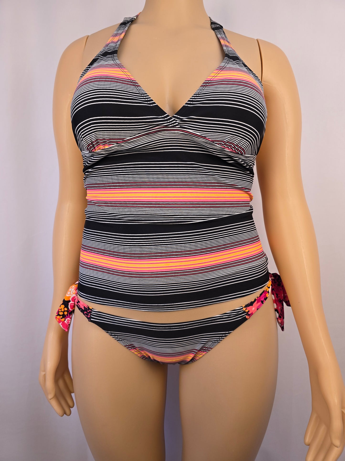 South Coast Tankini Large and South Coast Bikini Bottoms Medium. Black Orange Pink Stripe
