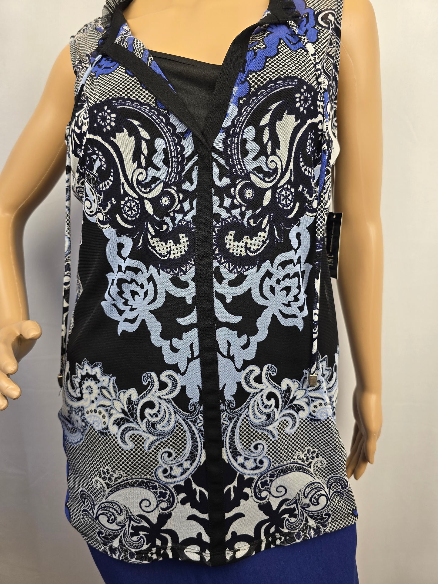 INC Blue Black Sheer Blouse Sleeveless XL New With Tags