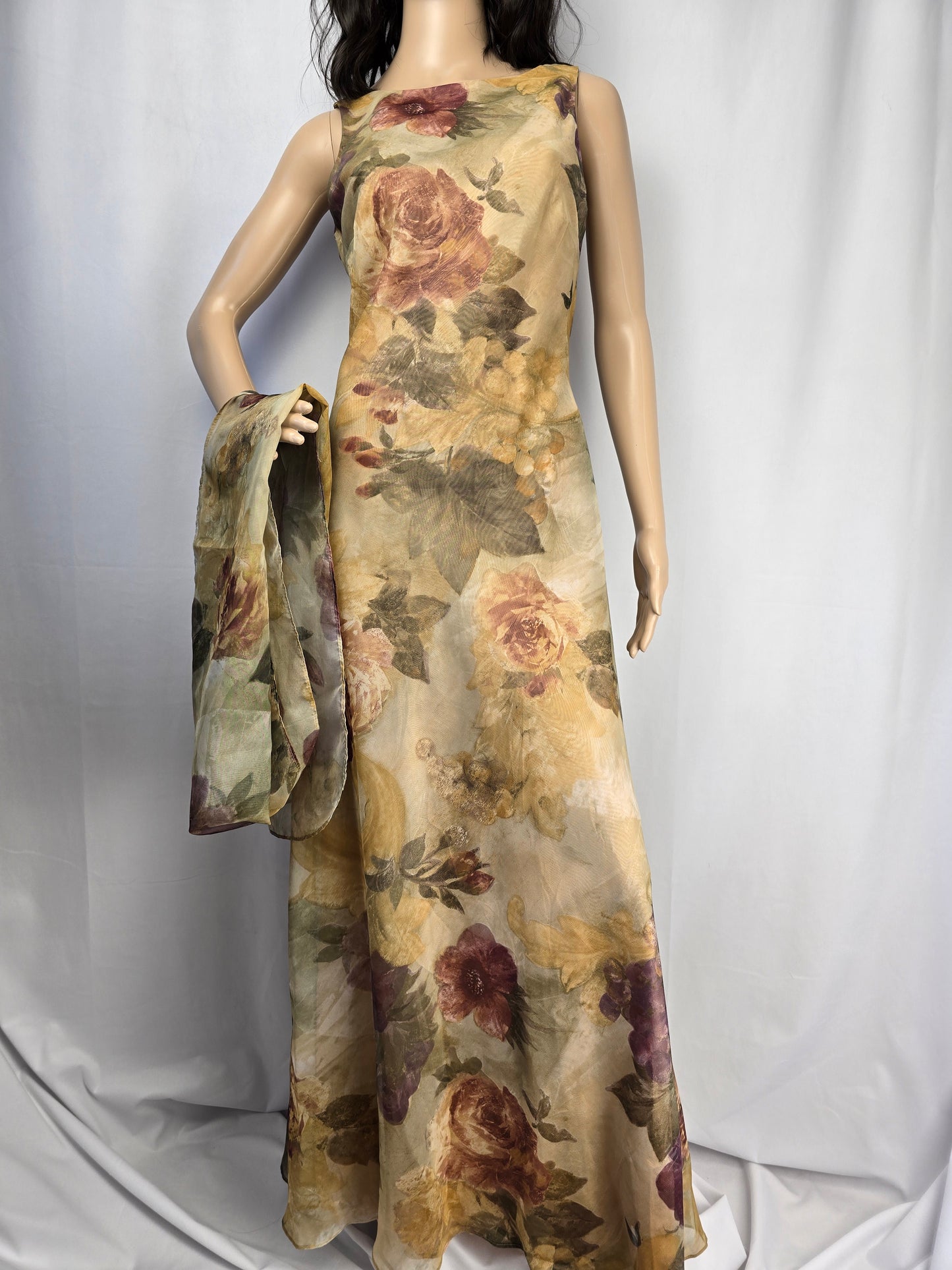 Algo Vintage '90's Elegant Maxi Evening Dress Size 6 with Matching Scarf Preloved