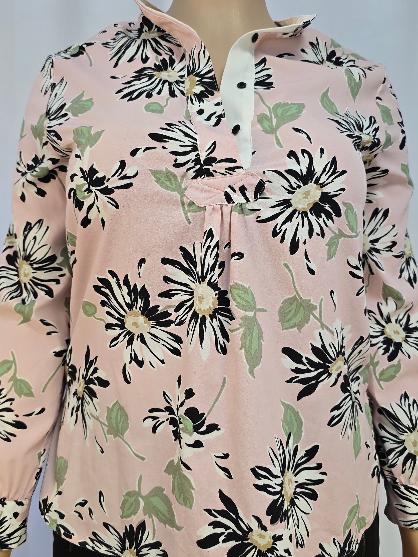 Anne Klein Pink / Black / Green Floral Blouse Long Sleeve Size 12 Preloved