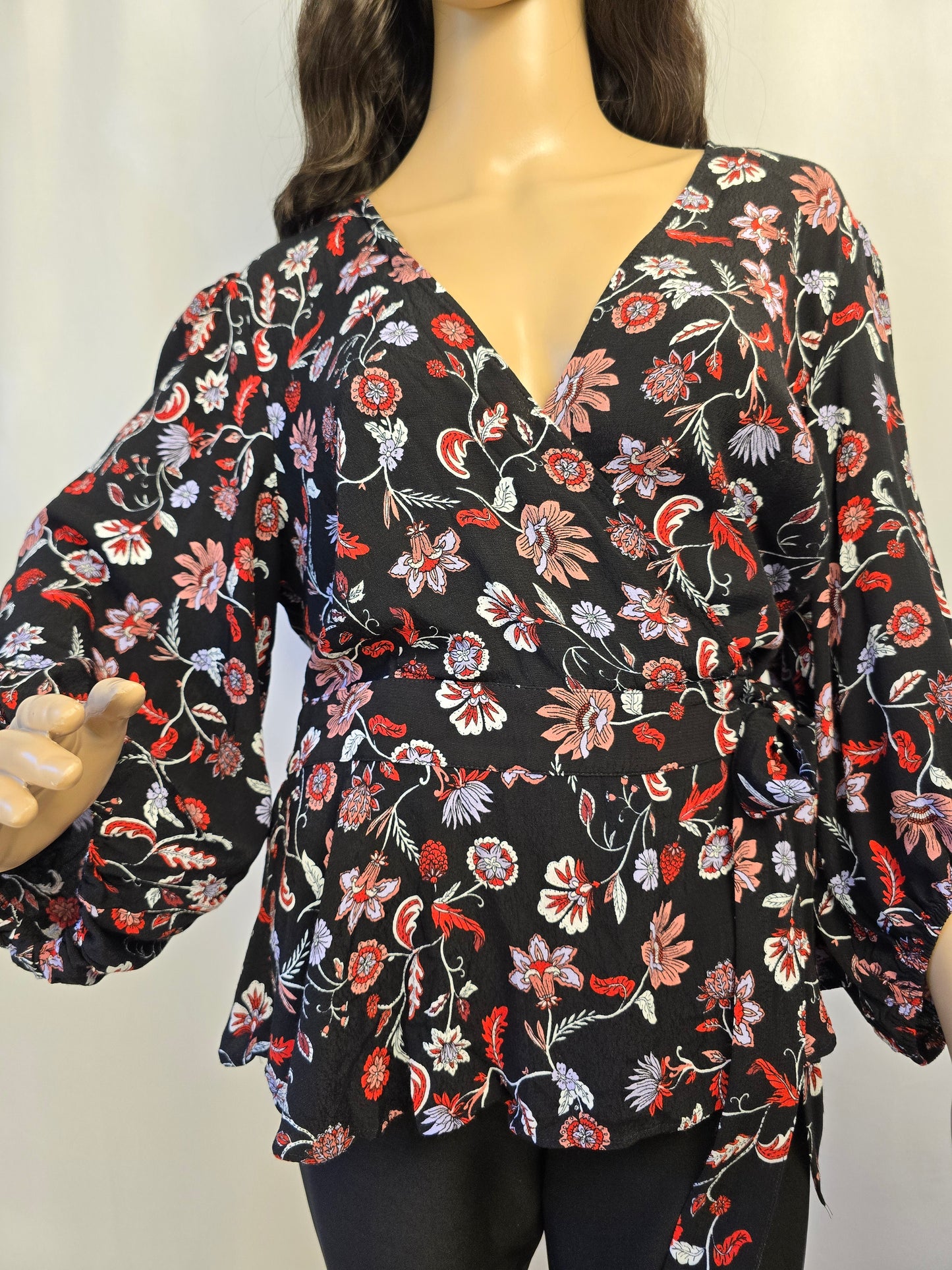 Banana Republic Black & Red Floral Wrap Top Medium Preloved