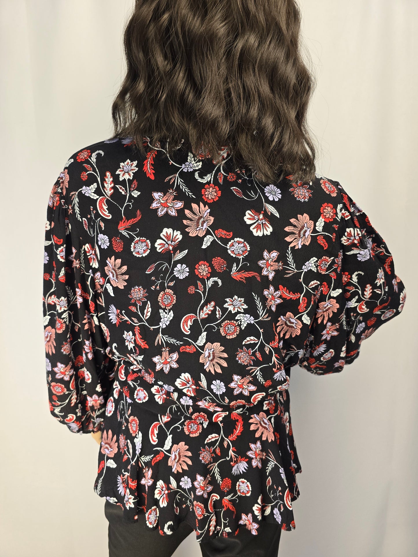 Banana Republic Black & Red Floral Wrap Top Medium Preloved