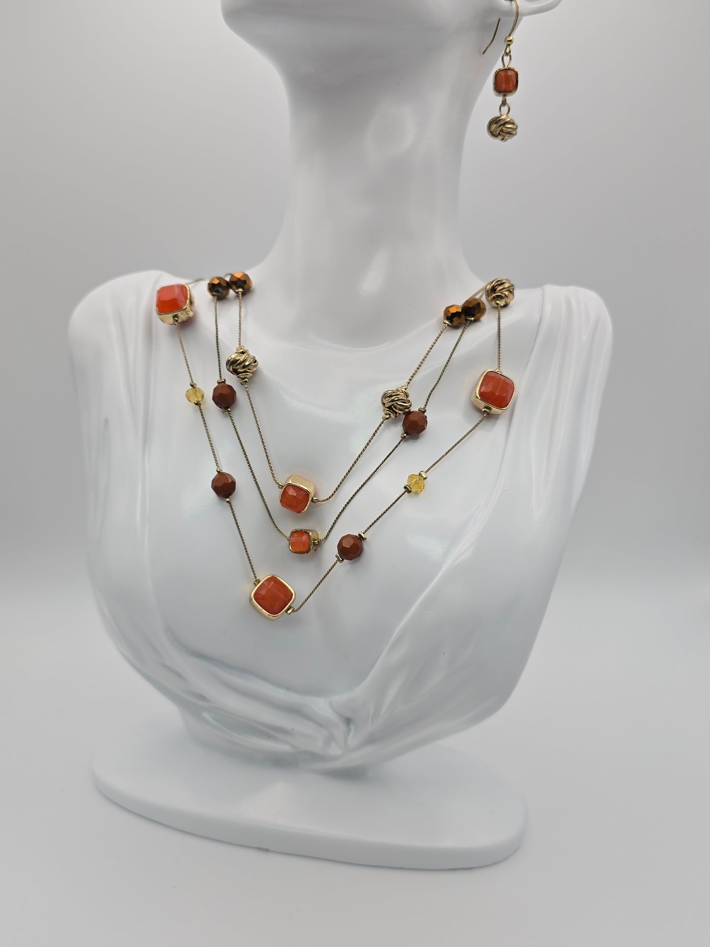 Gold Tone Burnt Orange and Burnt Umber Necklace and Earring Set Preloved
