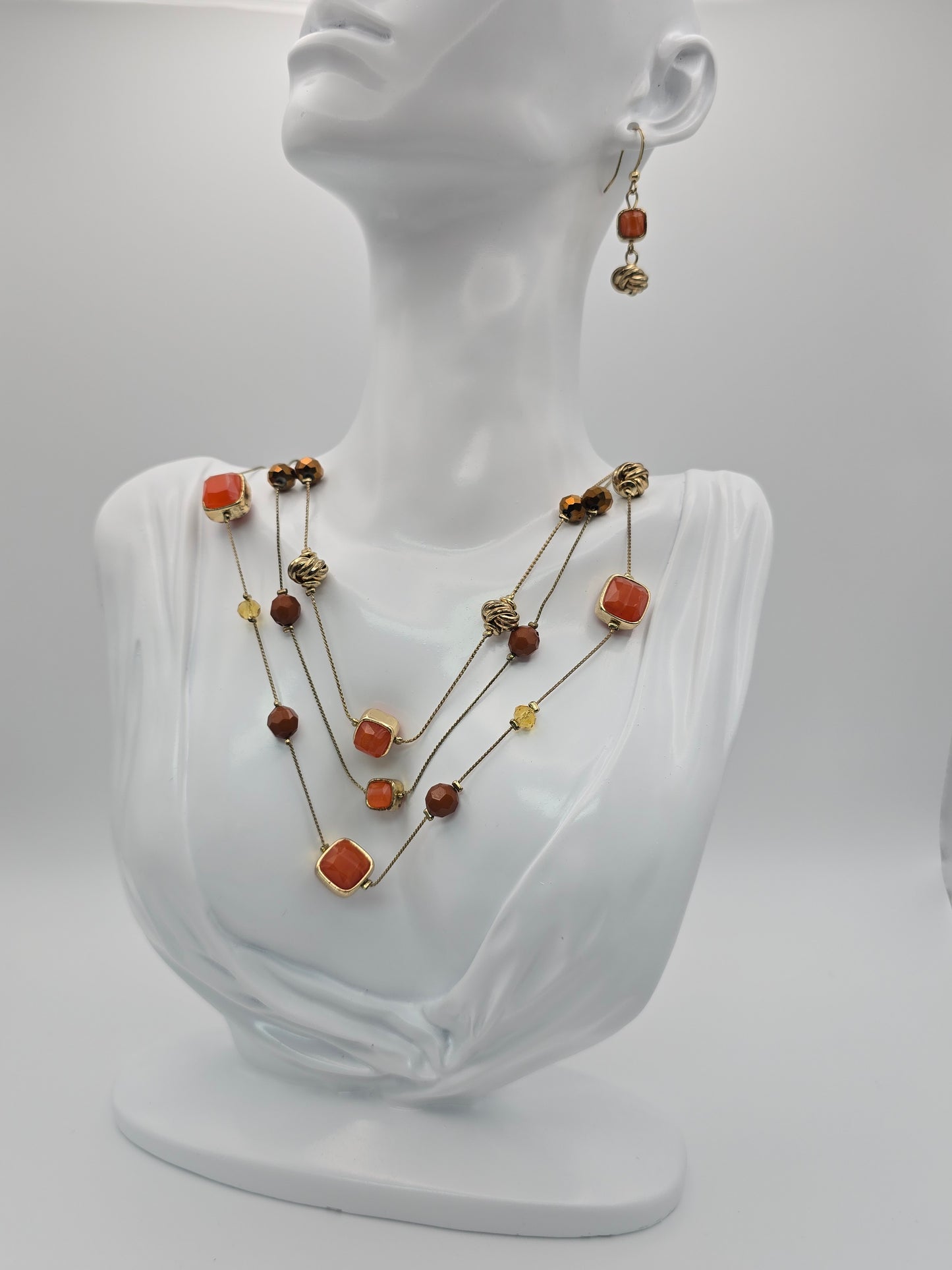 Gold Tone Burnt Orange and Burnt Umber Necklace and Earring Set Preloved