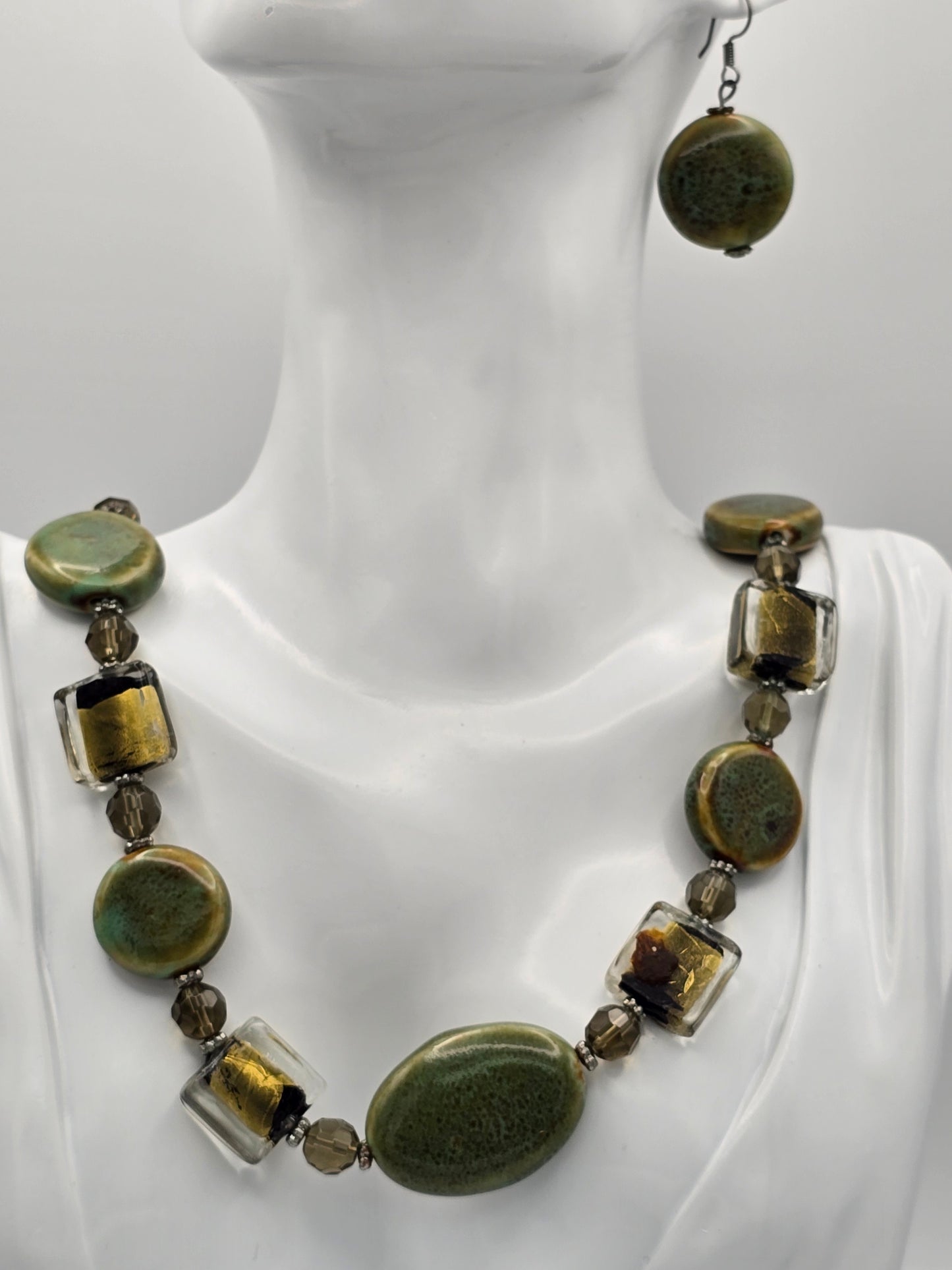 Green Stone and Glass Bead Costume Necklace and Earrings Preloved