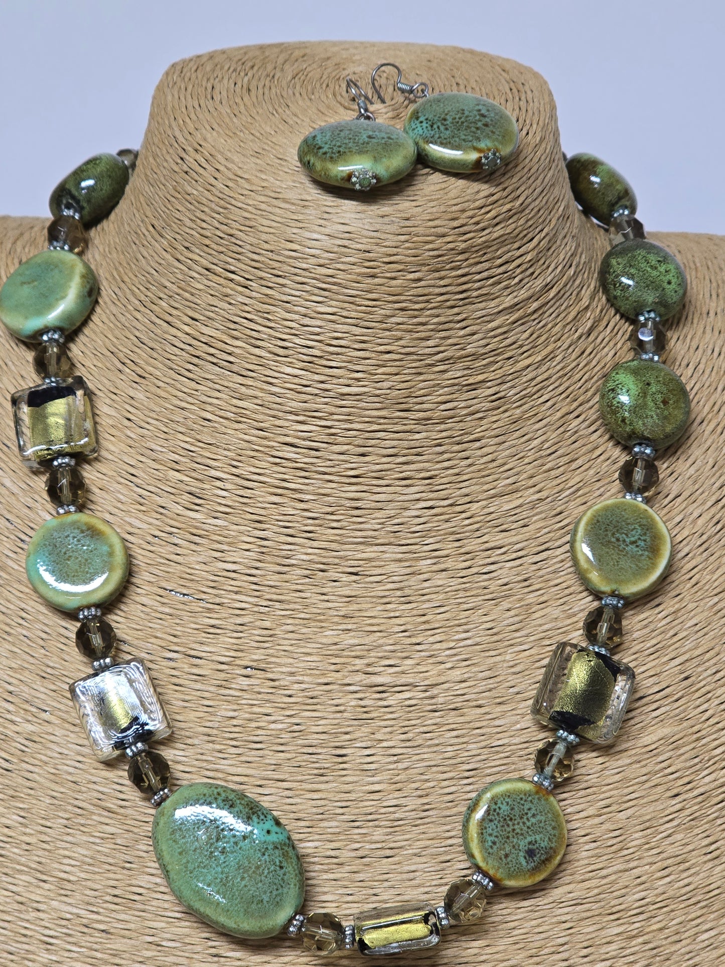 Green Stone and Glass Bead Costume Necklace and Earrings Preloved