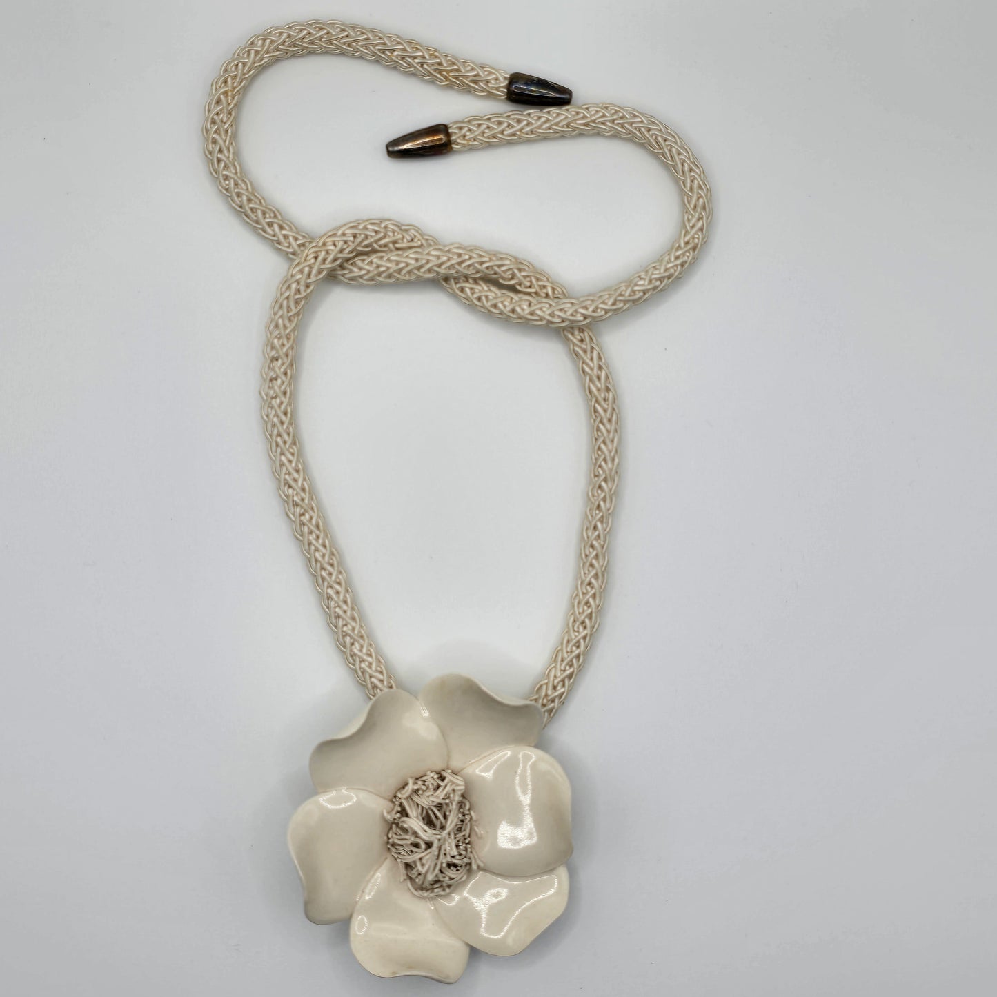 Ceramic White Flower Necklace with Cord Tie Preloved