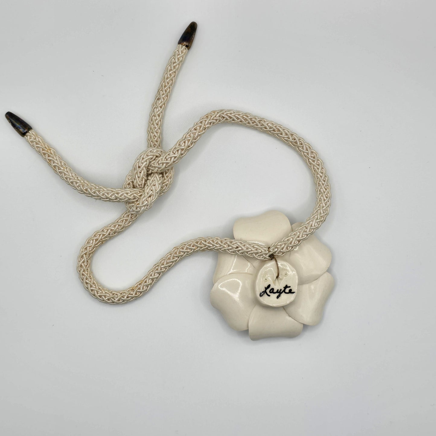Ceramic White Flower Necklace with Cord Tie Preloved