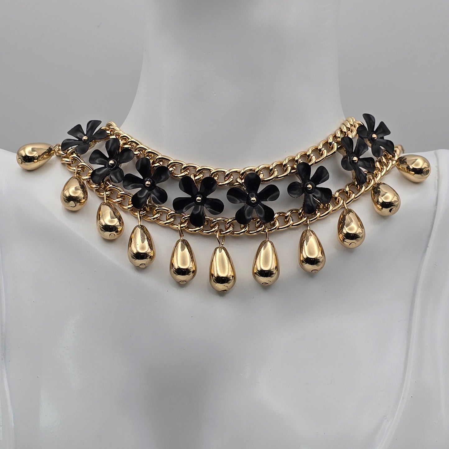 Black and Gold Tone Choker Necklace with Dangles Preloved