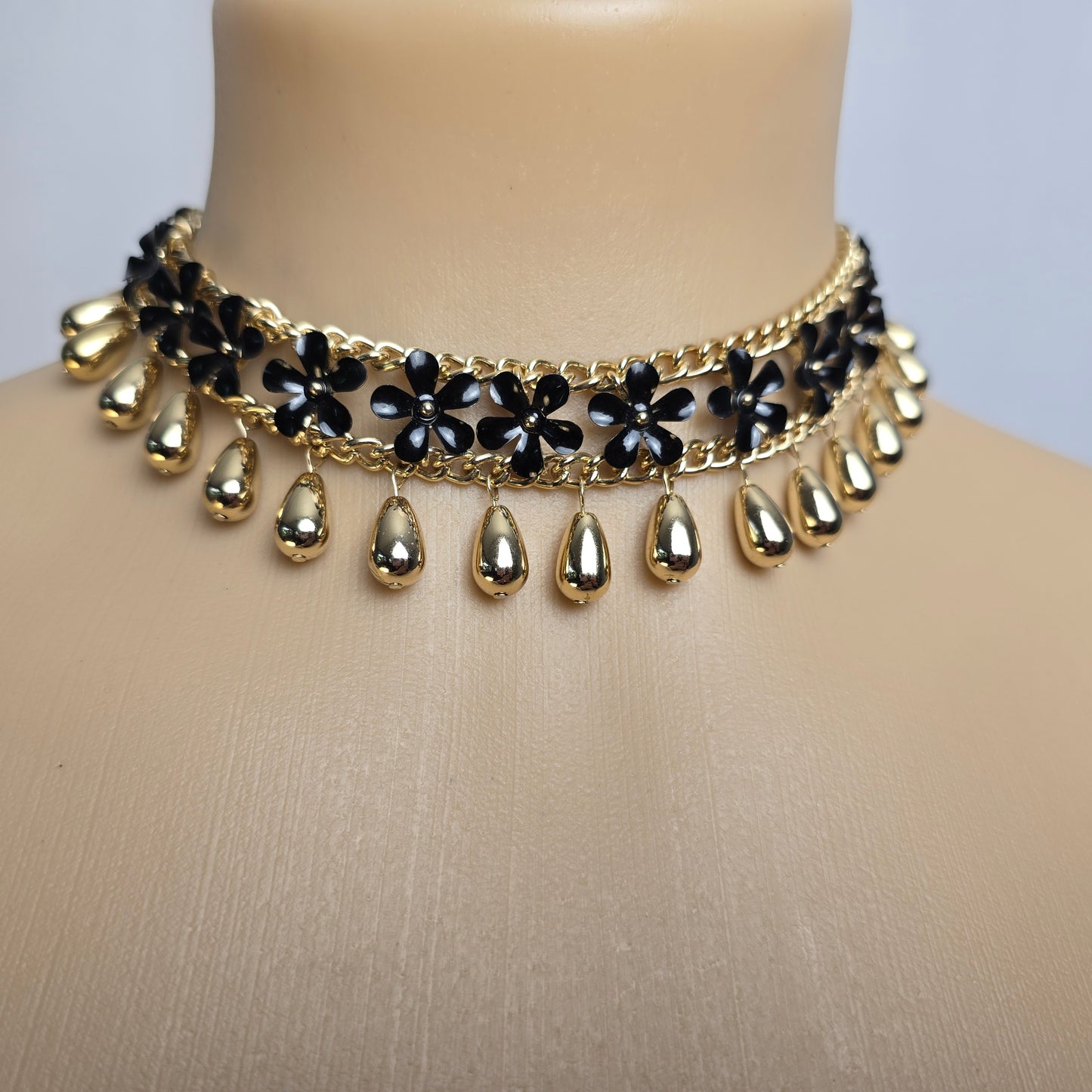 Black and Gold Tone Choker Necklace with Dangles Preloved
