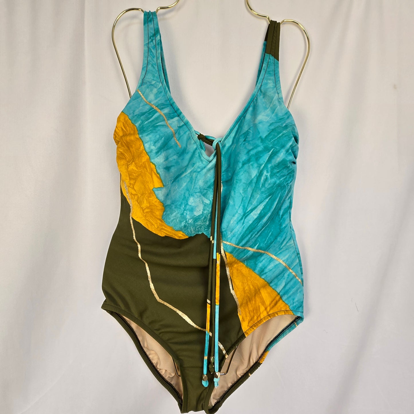 Carol Wior Swimsuit Aqua, Olive and Gold Preloved Size 12