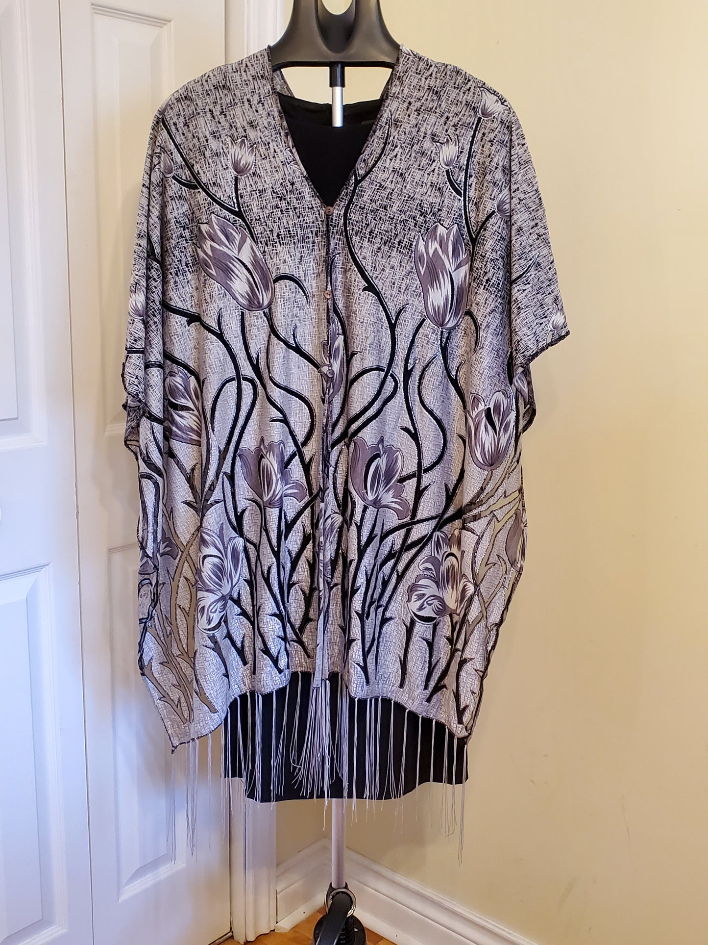 Fringed Shawl with Metallic Threading and 9 & Co Black Cocktail Dress Size 14