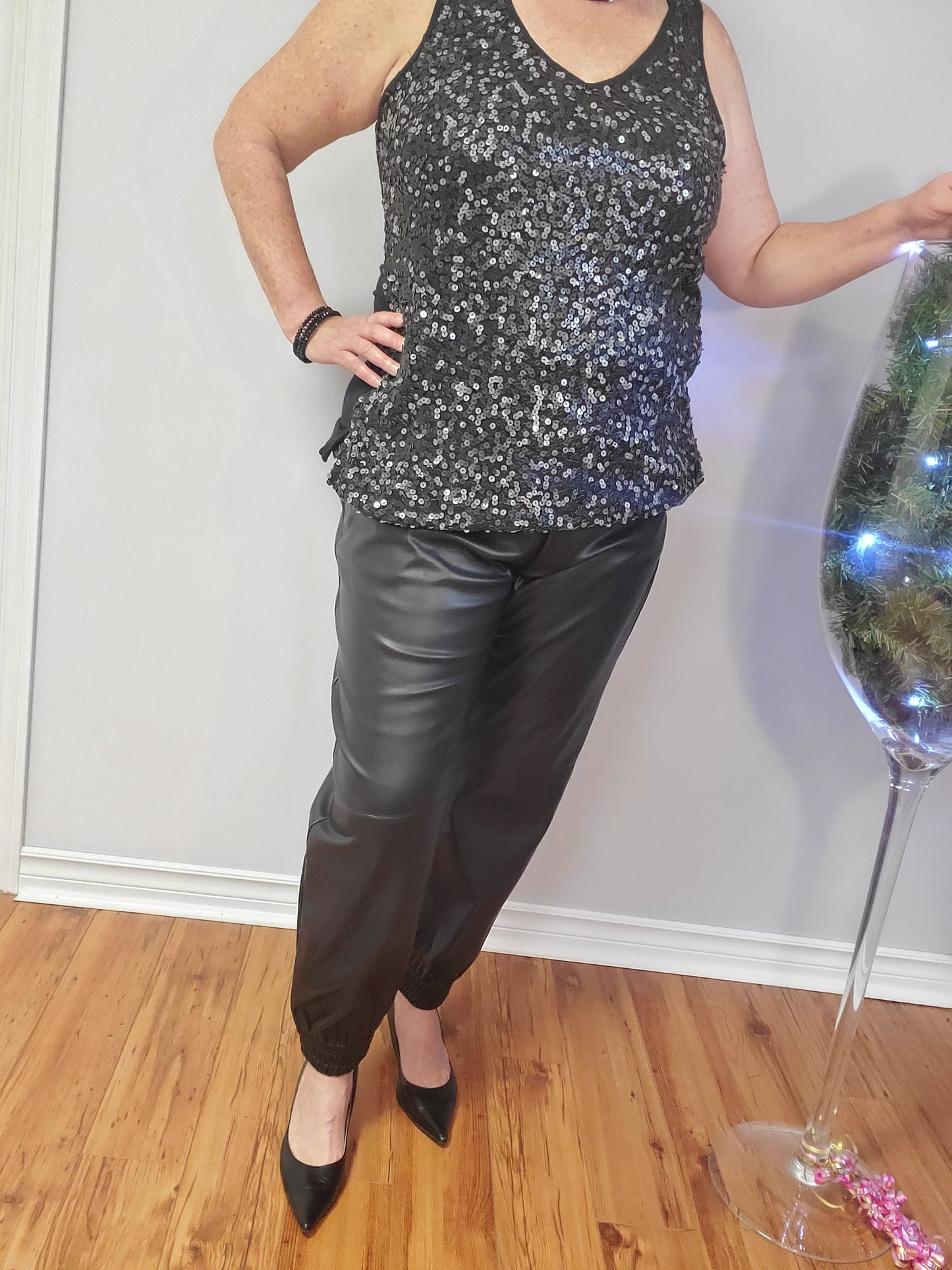 Zara Faux Leather Joggers Large and Ricki's Sequin Tank Top Large