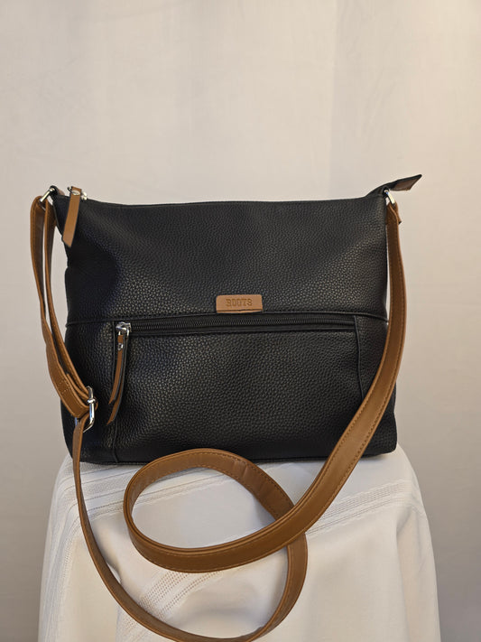 Roots Faux Leather Crossbody Black and Tan Purse Preloved