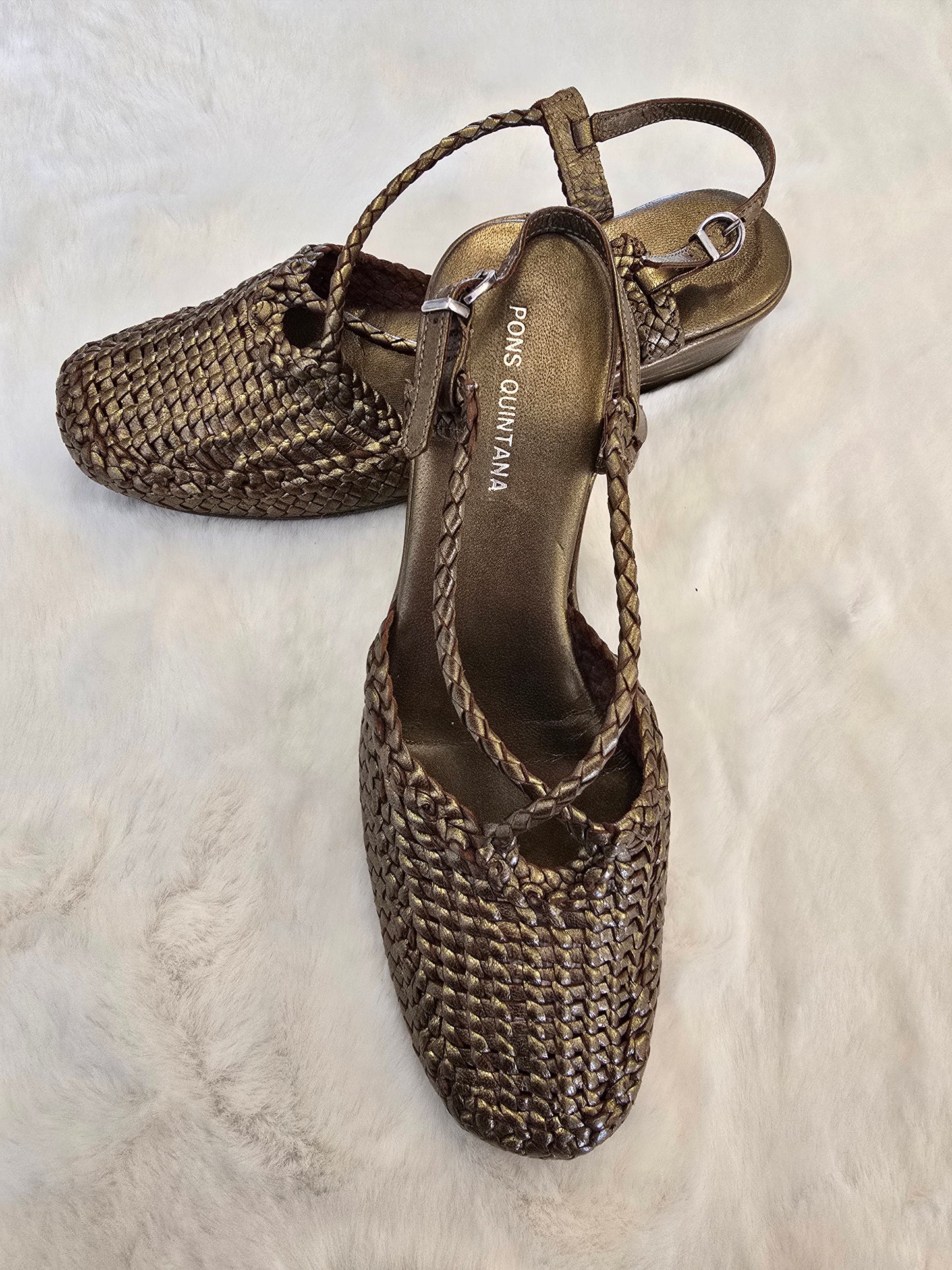 Pons Quintana Metallic Gold Closed Toe Sling Back Sandal Size 37