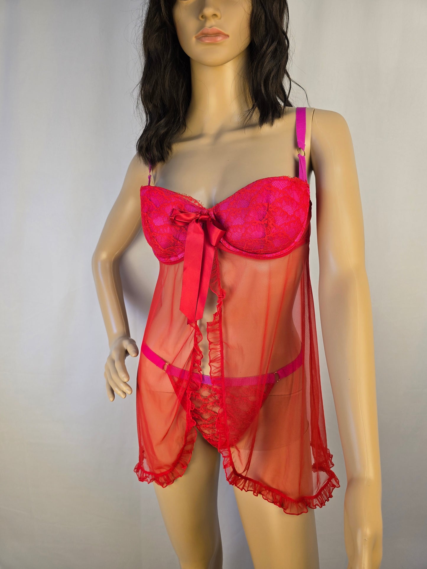Love by La Senza Red and Pink Babydoll and Thong Large Preloved