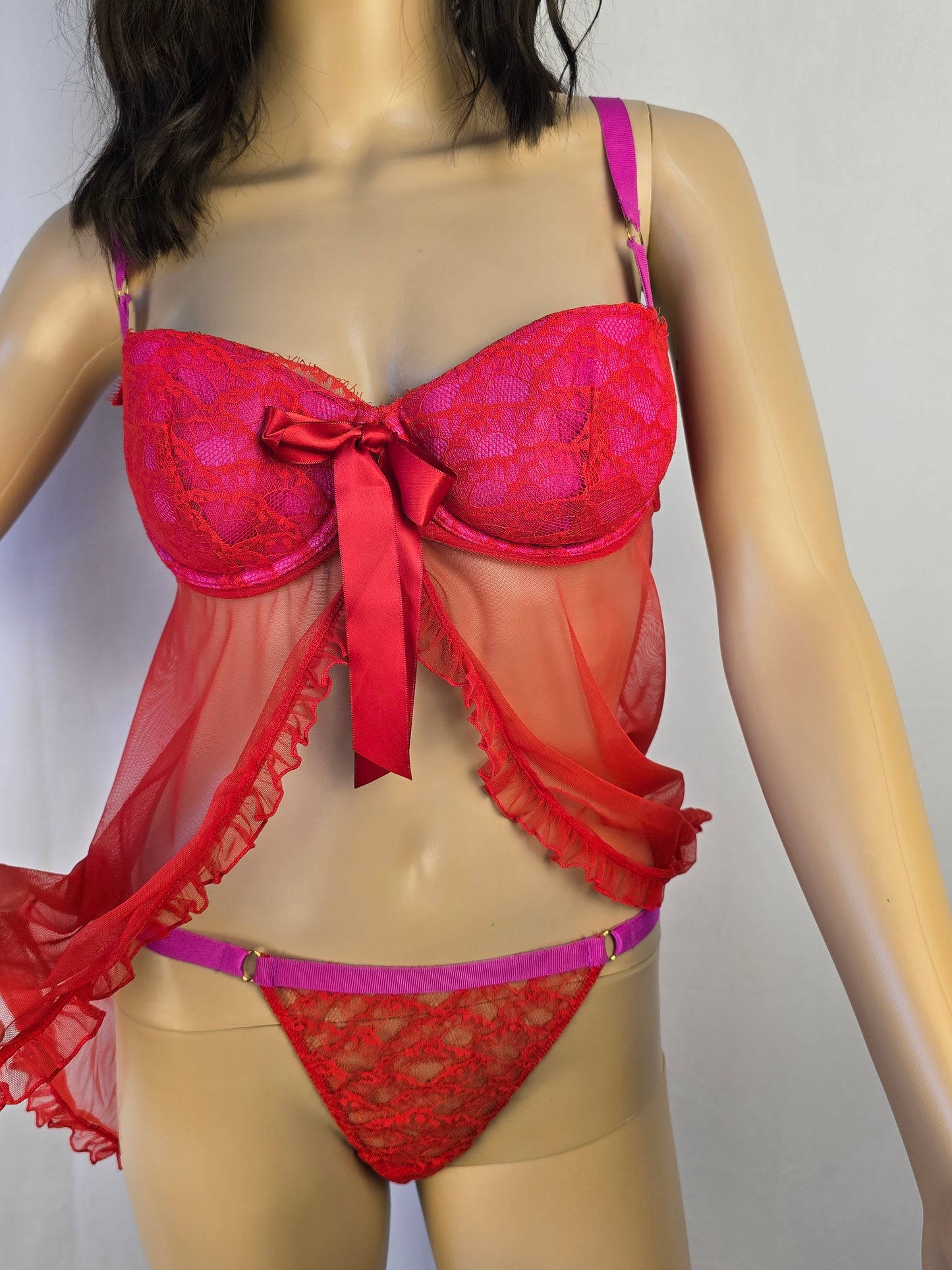 Love by La Senza Red and Pink Babydoll and Thong Large Preloved