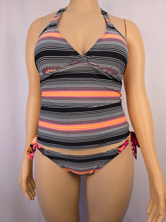 South Coast Tankini Large and South Coast Bikini Bottoms Medium. Black Orange Pink Stripe