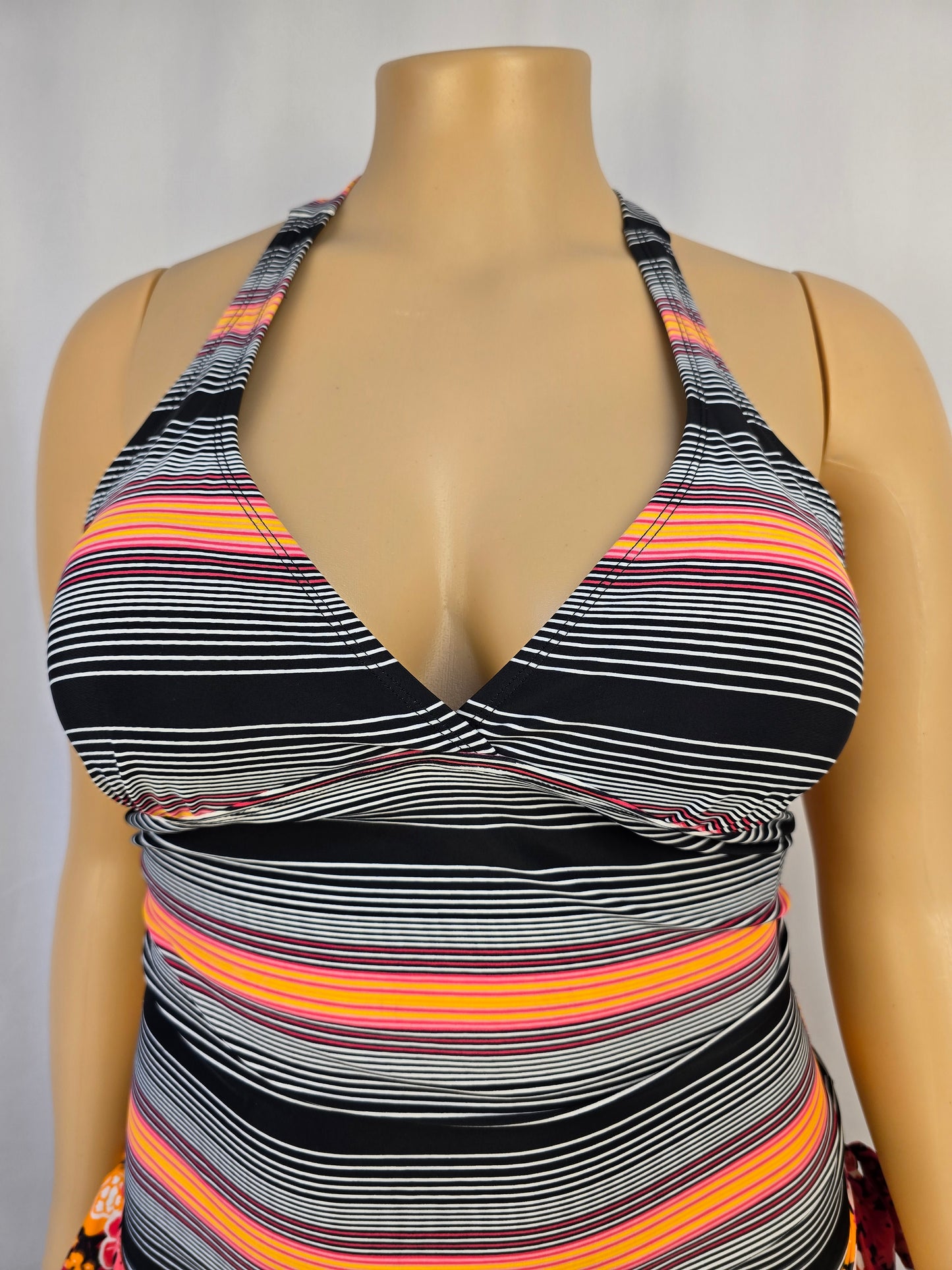 South Coast Tankini Large and South Coast Bikini Bottoms Medium. Black Orange Pink Stripe