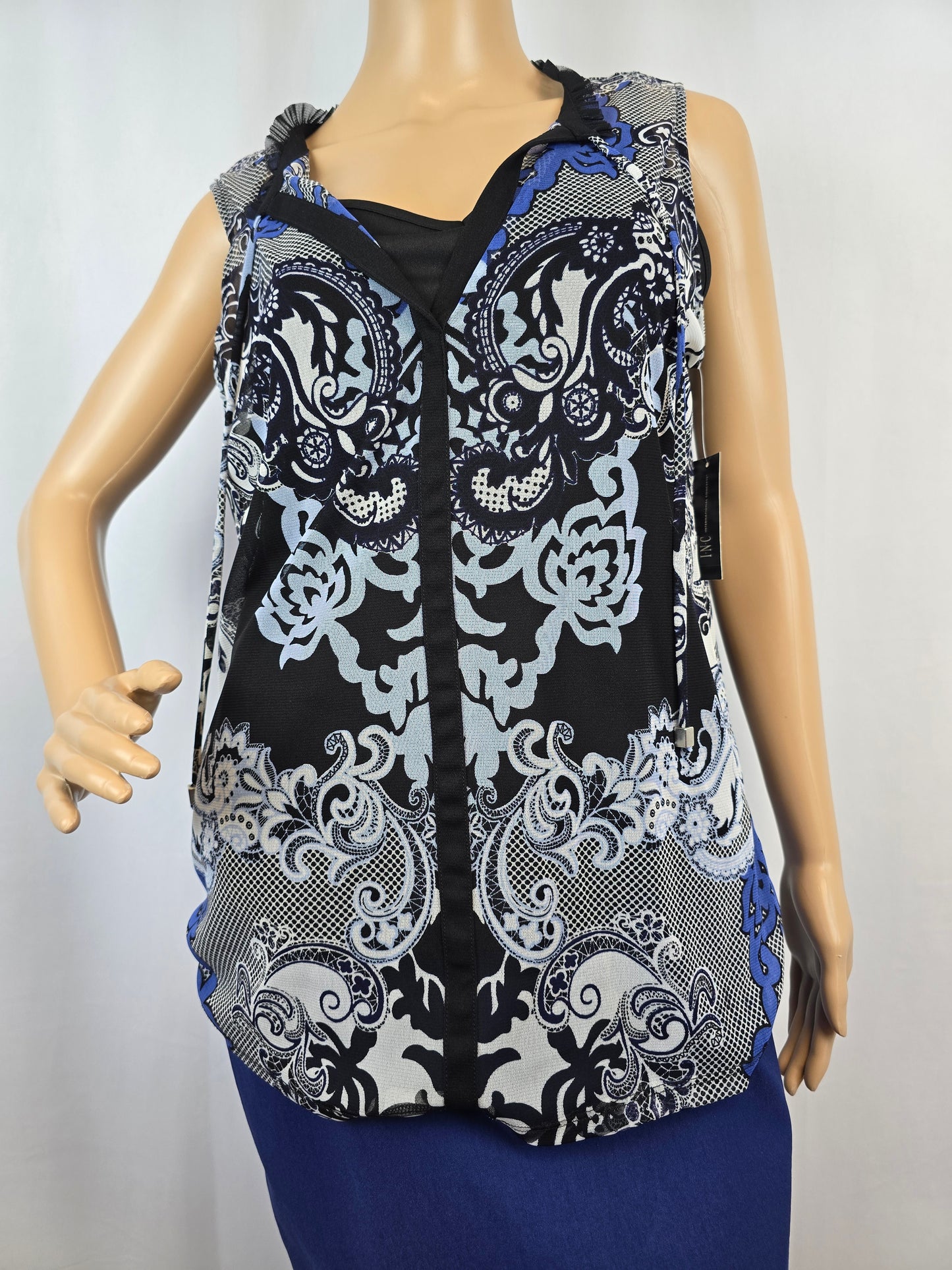 INC Blue Black Sheer Blouse Sleeveless XL New With Tags