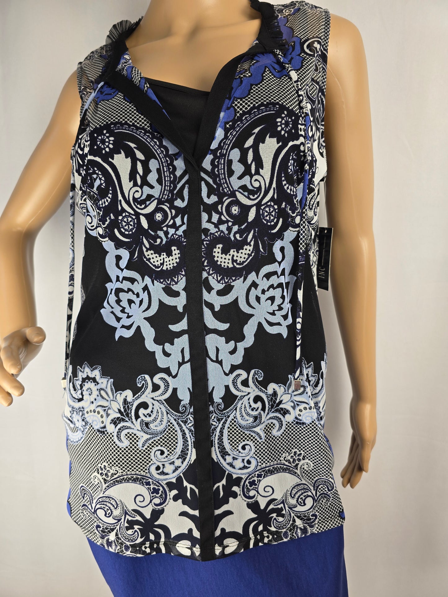 INC Blue Black Sheer Blouse Sleeveless XL New With Tags