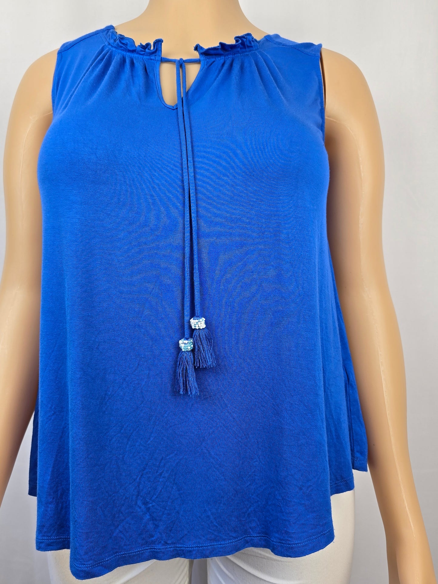 Cupio Sleeveless Royal Blue Top with Beaded Tassels Large Preloved