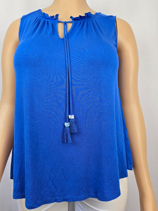 Cupio Sleeveless Royal Blue Top with Beaded Tassels Large Preloved