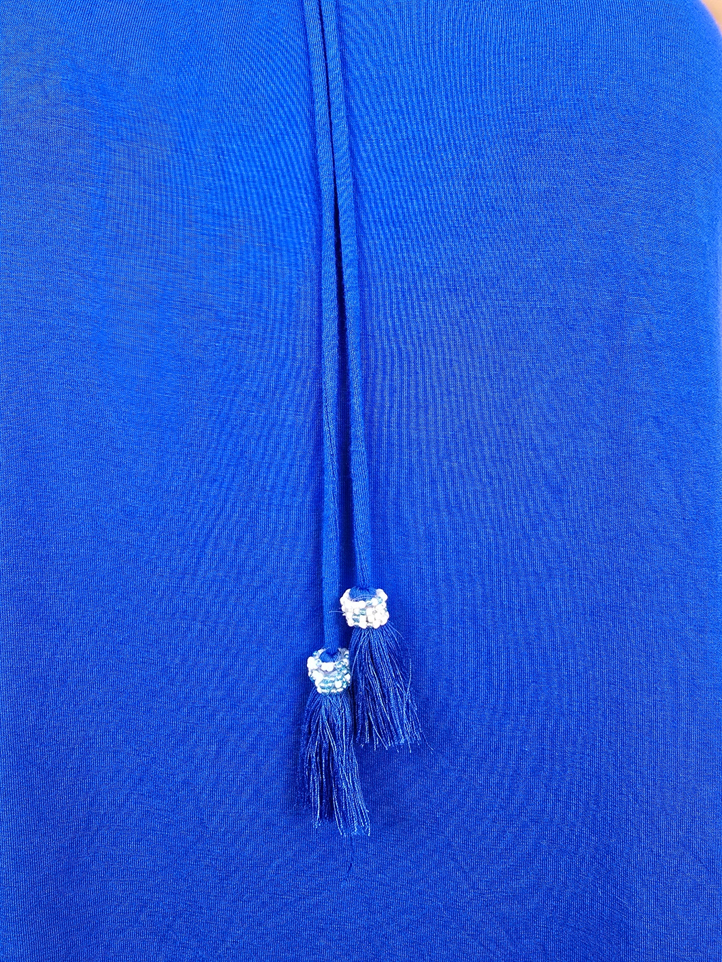 Cupio Sleeveless Royal Blue Top with Beaded Tassels Large Preloved