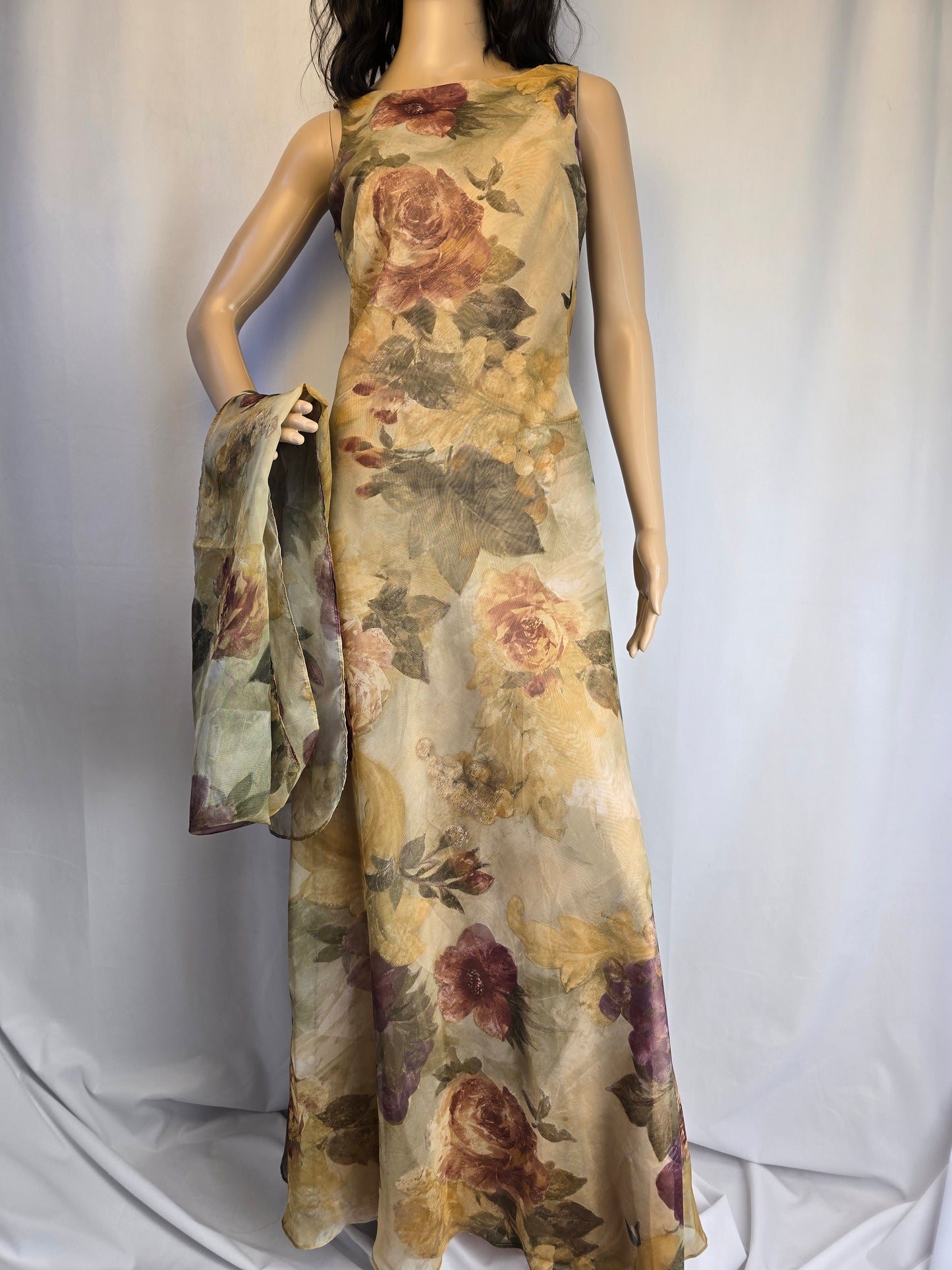 Algo Vintage '90's Elegant Maxi Evening Dress Size 6 with Matching Scarf Preloved