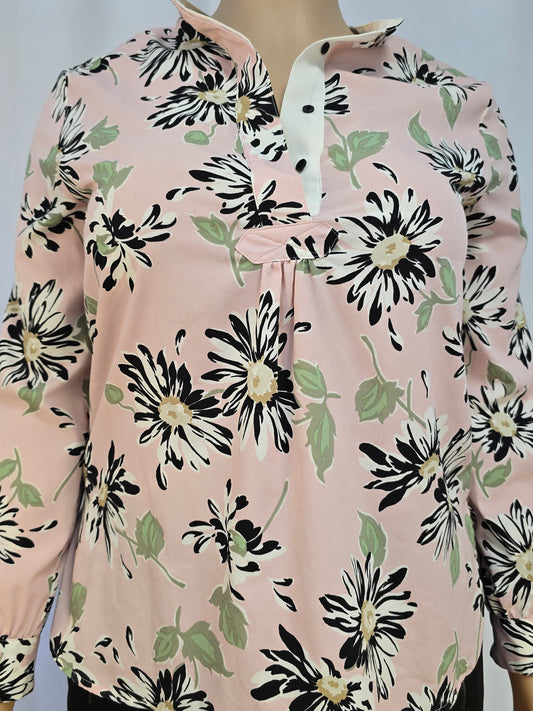Anne Klein Pink / Black / Green Floral Blouse Long Sleeve Size 12  Preloved