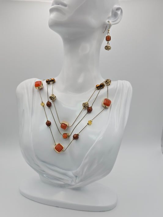 Gold Tone Burnt Orange and Burnt Umber Necklace and Earring Set Preloved