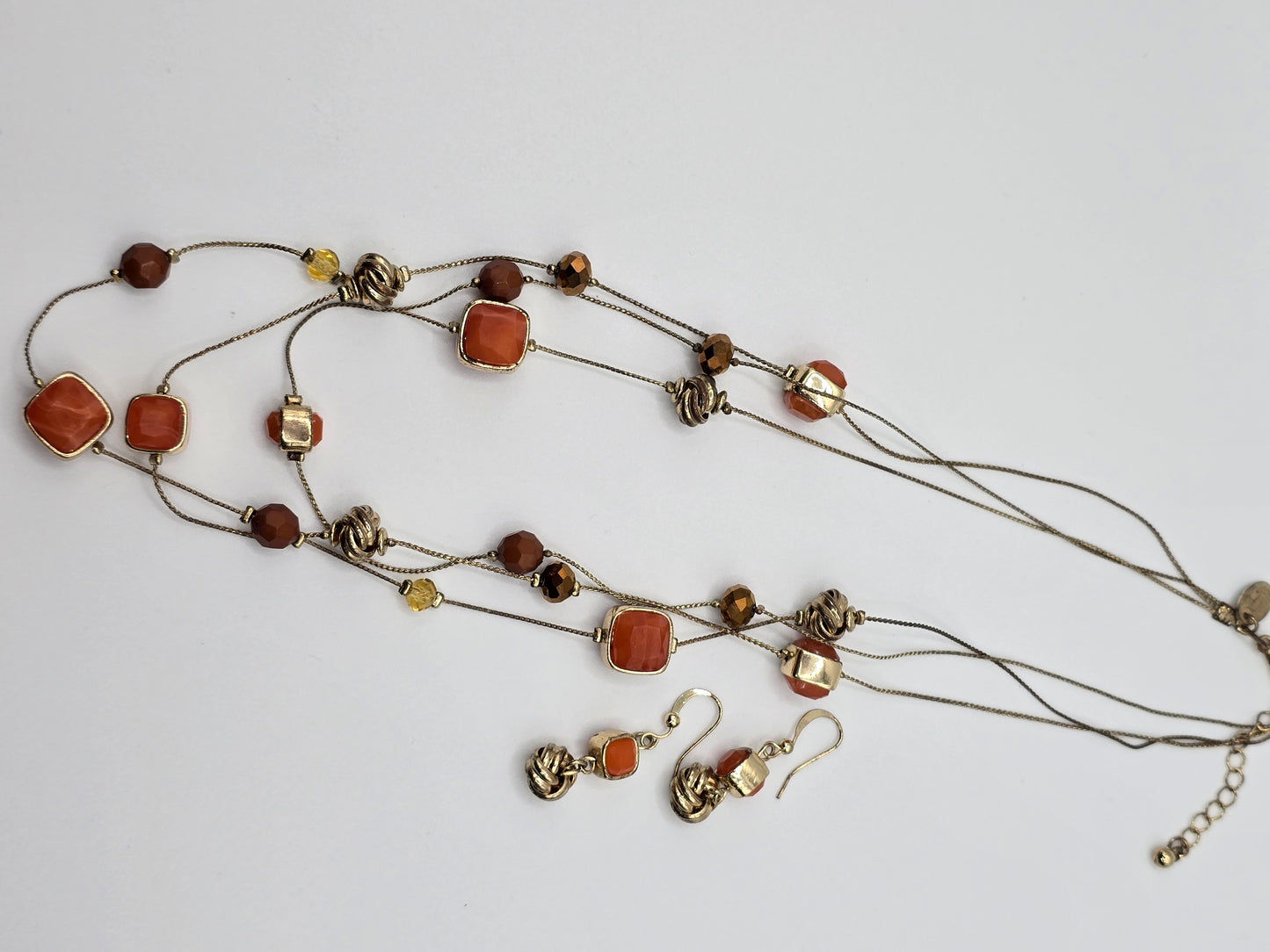Gold Tone Burnt Orange and Burnt Umber Necklace and Earring Set Preloved