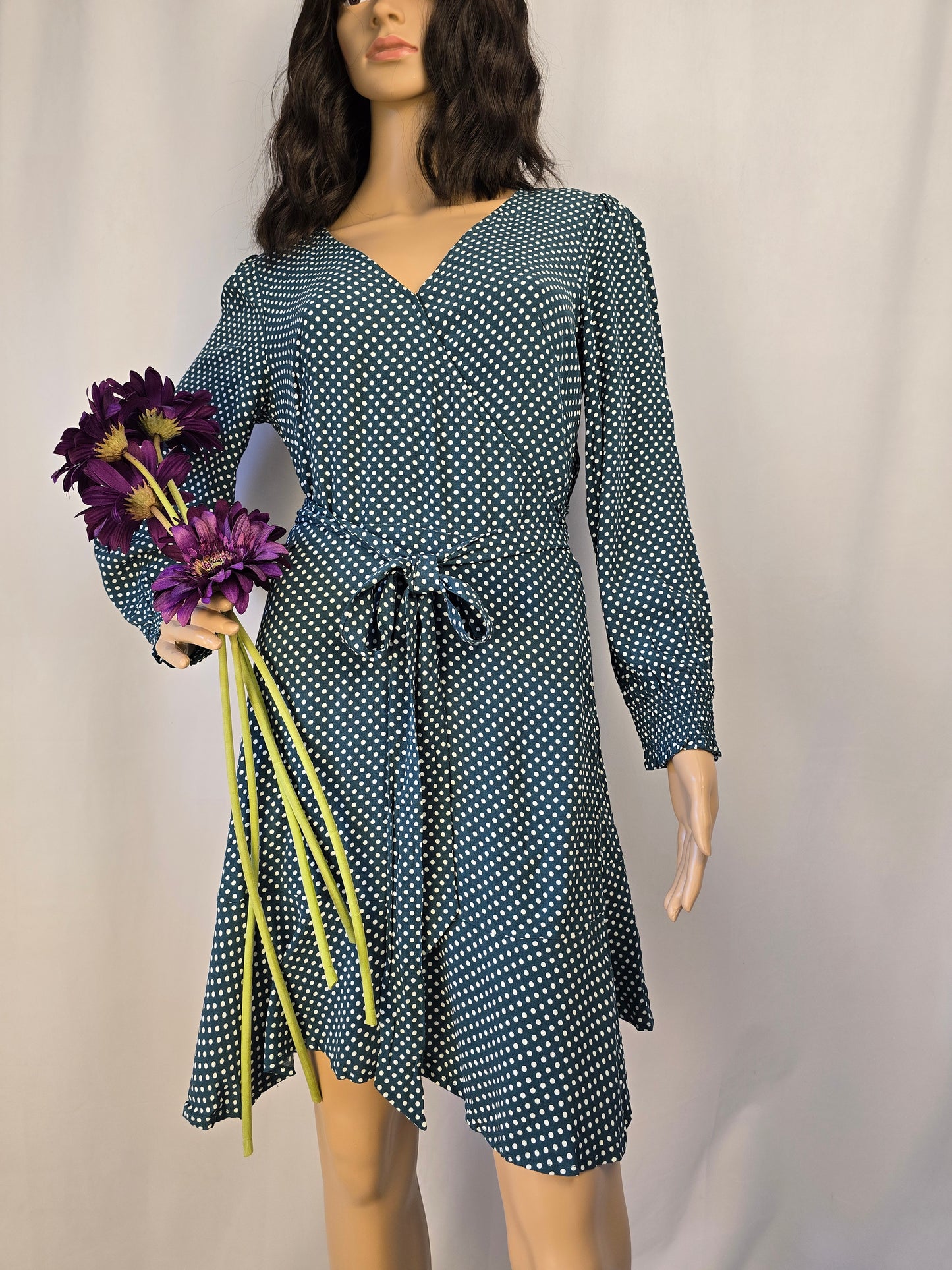 Loft Green & White Polka Dot Mini Wrap Dress Size 6 Petite Preloved