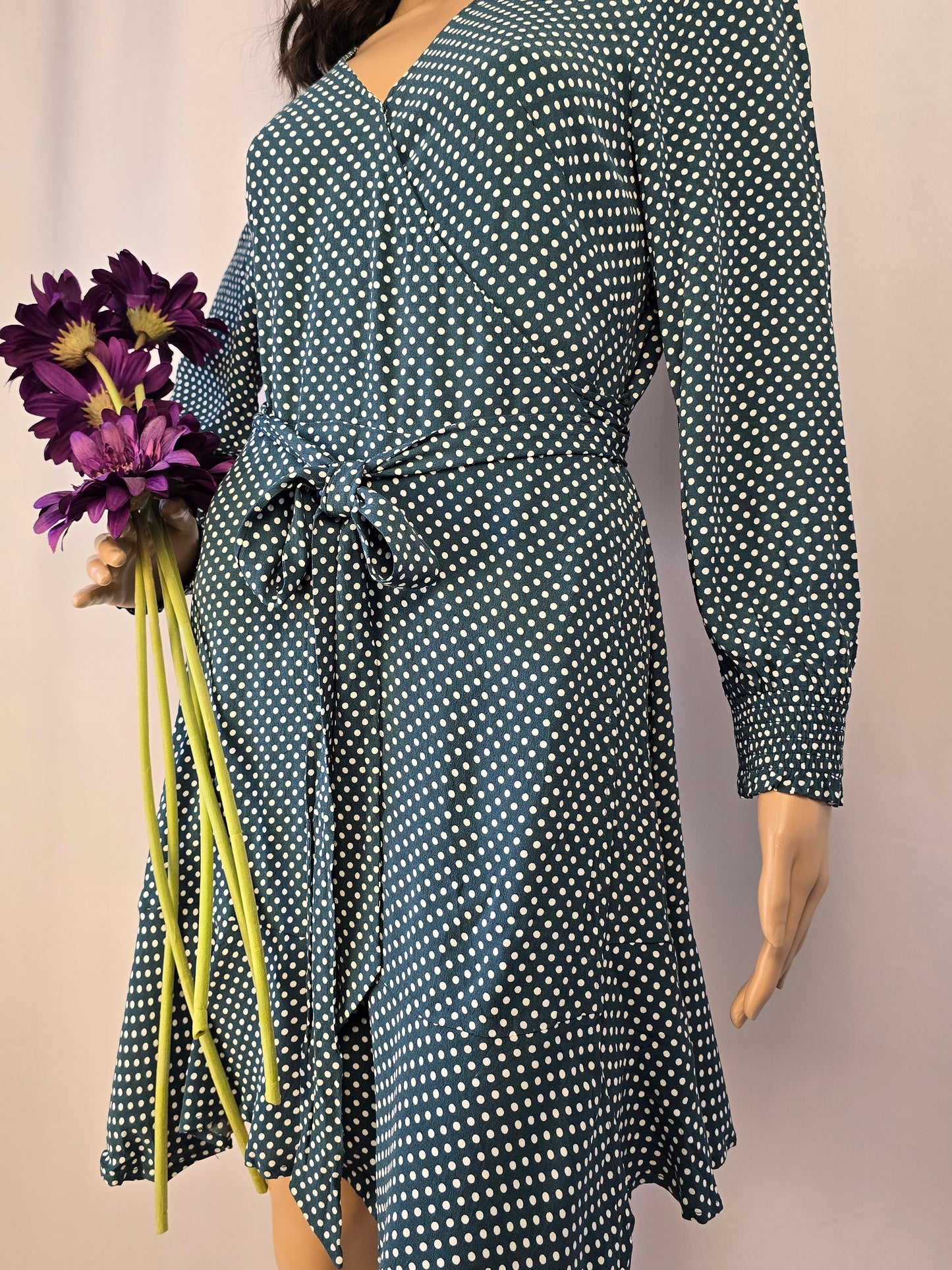 Loft Green & White Polka Dot Mini Wrap Dress Size 6 Petite Preloved