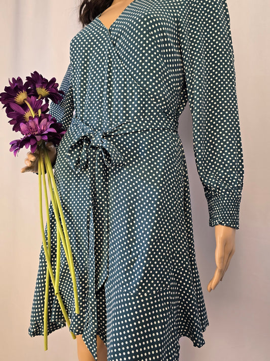 Loft Green & White Polka Dot Mini Wrap Dress Size 6 Petite Preloved