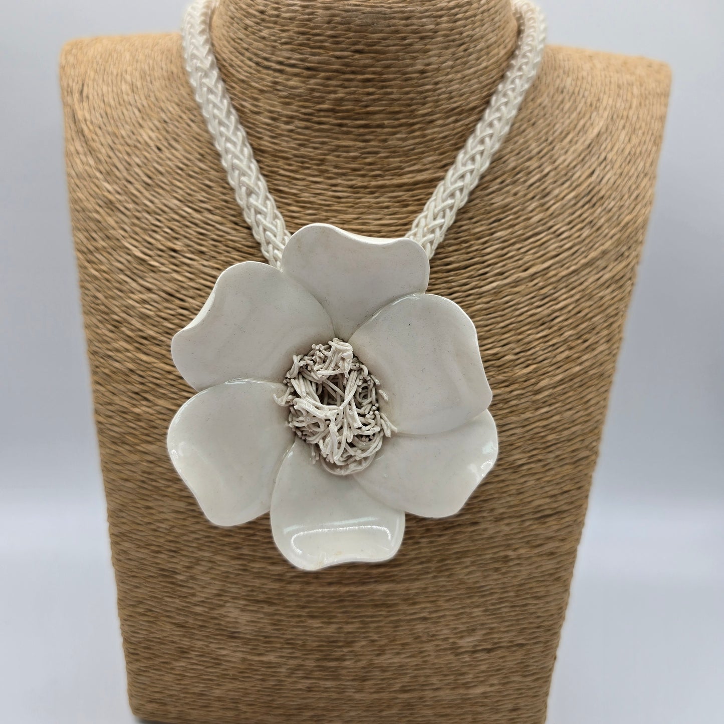 Ceramic White Flower Necklace with Cord Tie Preloved