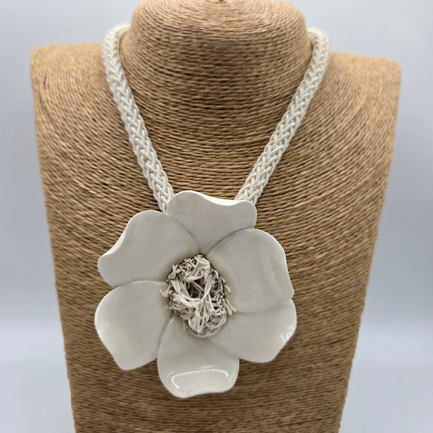 Ceramic White Flower Necklace with Cord Tie Preloved