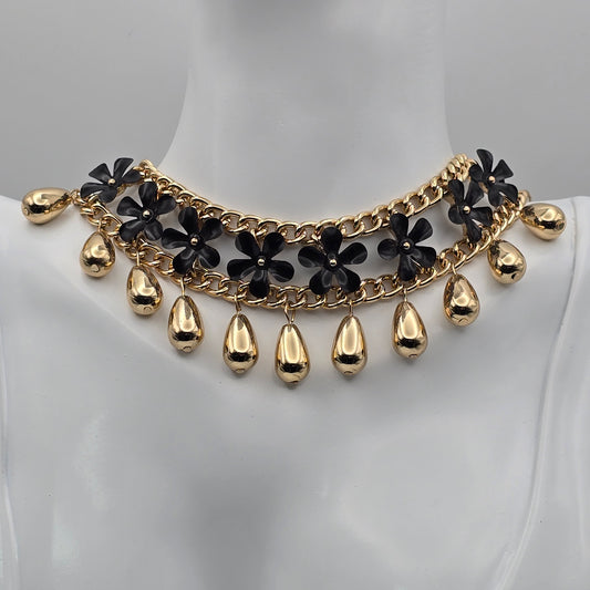 Black and Gold Tone Choker Necklace with Dangles Preloved