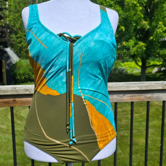 Carol Wior Swimsuit Aqua, Olive and Gold Preloved Size 12