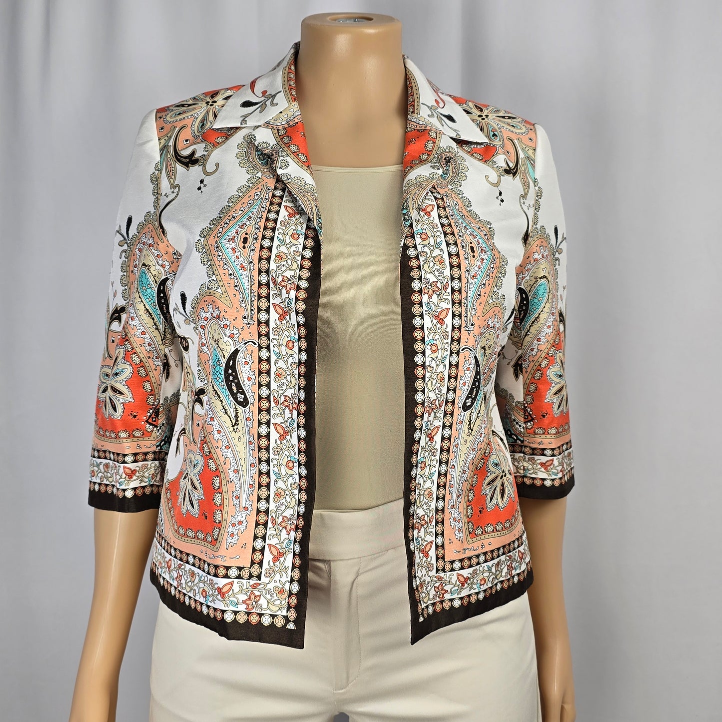 Paisley Coral, Beige, White Jacket Approx Size 14 Preloved