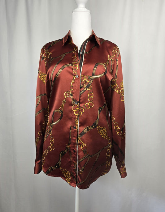 Le Chateau Satin Long Sleeve Equestrian Print Blouse Large Preloved
