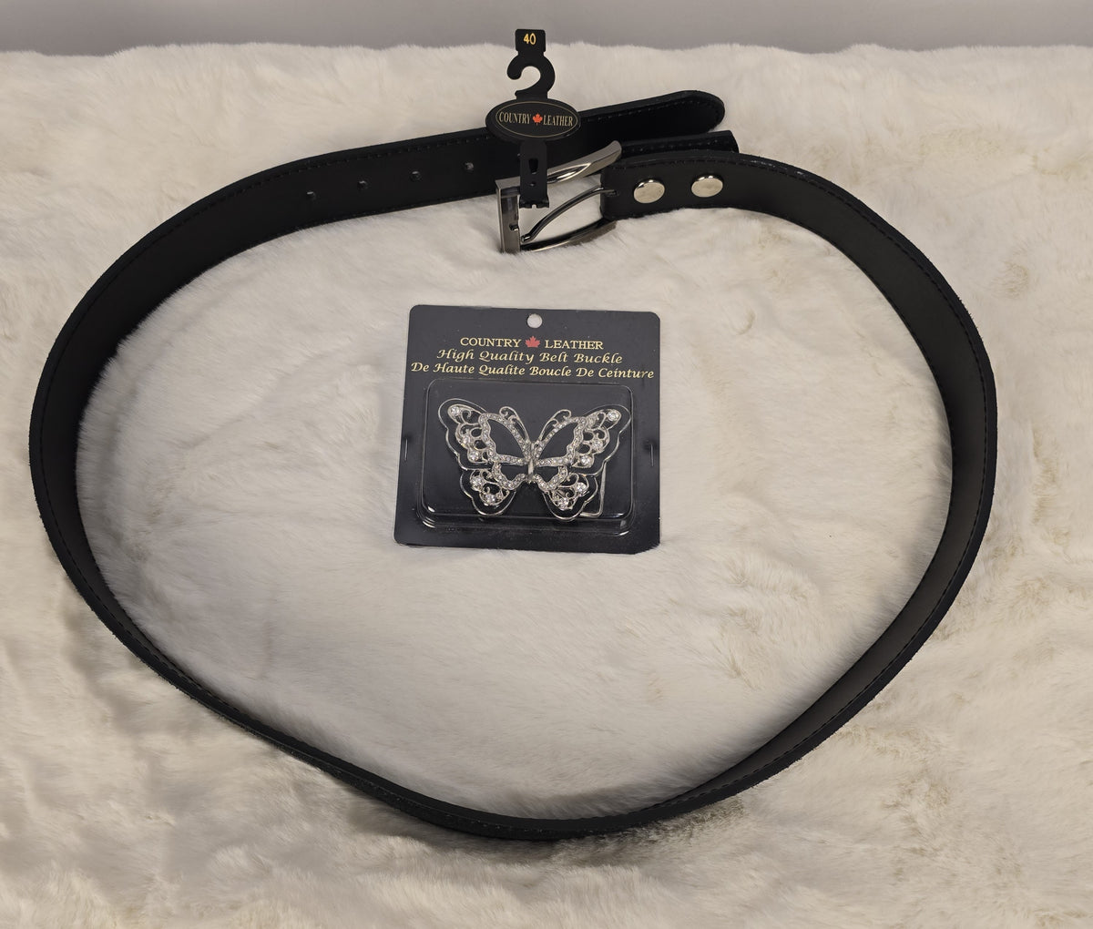 Country Leather Belt Size 40 + Rhinestone Butterfly Buckle – New