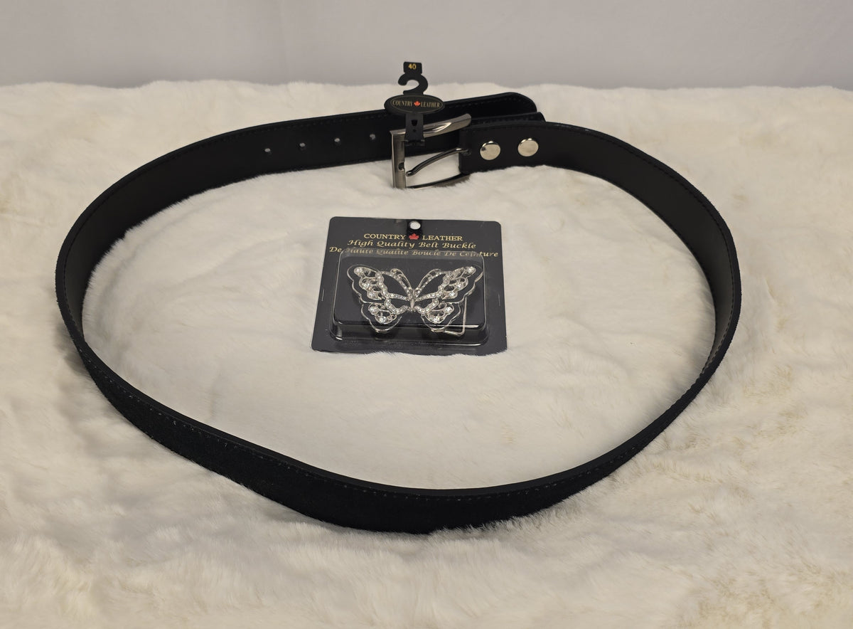 Country Leather Belt Size 40 + Rhinestone Butterfly Buckle – New