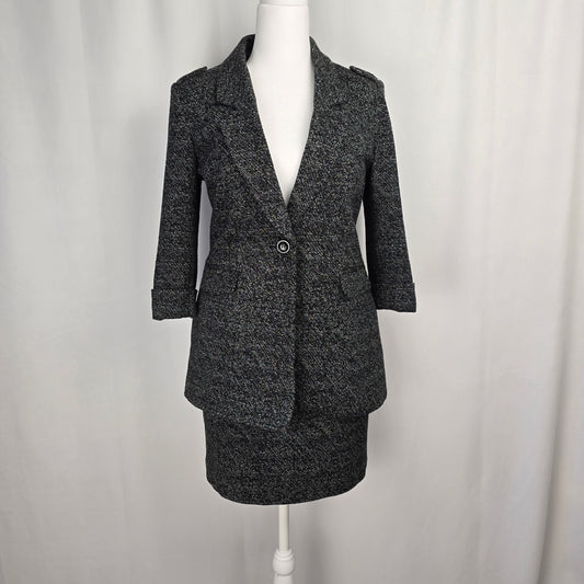 Le Château Textured Charcoal Suit Set – Tailored 2‑Piece Jacket Large and Skirt 15/16