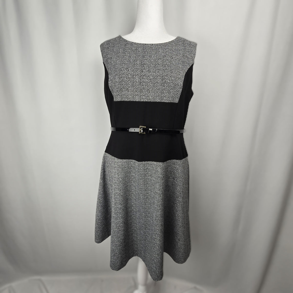 Tommy Hilfiger Houndstooth Fit & Flare Dress with Patent Belt | Size 14