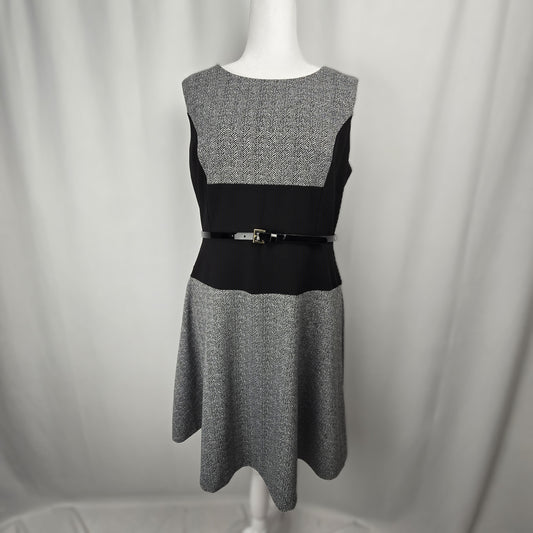 Tommy Hilfiger Houndstooth Fit & Flare Dress with Patent Belt | Size 14